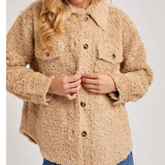 Boucle Button Front Woven Shacket Jacket Creamy Latte - Picture 4 of 11